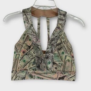 Artista Active Pole Dancing Wear Sports Bra in Dollar Bill Money Print Size L